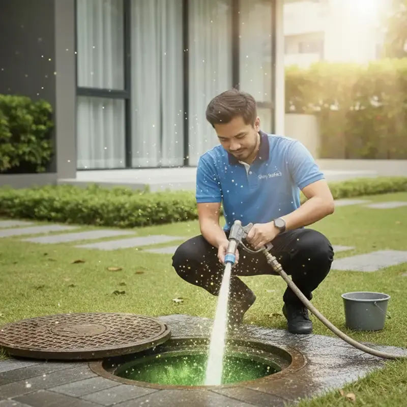 Shiny Surface team cleaning drainage of a dubai home